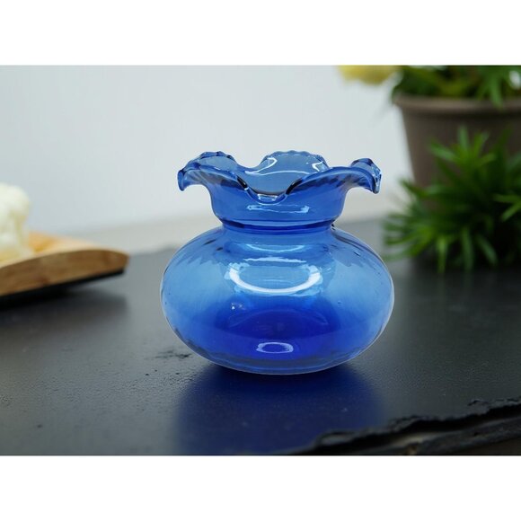 Vintage Cobalt Blue Ruffle Edge Top Globe Style Vase - Picture 4 of 13